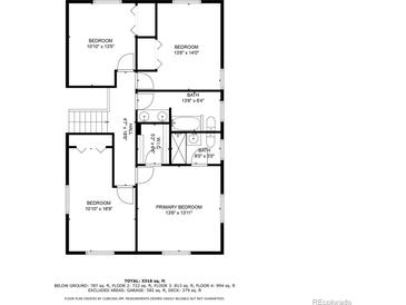 Detailed floorplan showcasing the layout of the bedrooms, bathrooms, and hall at 591 Nome St, Aurora, CO 80010