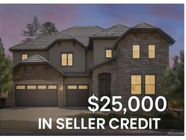 Beautiful multi-story home with stone accents, three-car garage, and a well-manicured lawn at 6877 Northstar Ct, Castle Rock, CO 80108