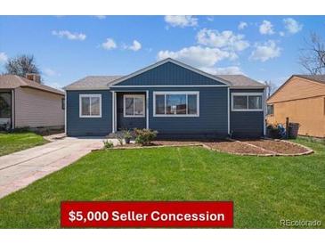 Charming blue house with a well-maintained front yard and $5,000 seller concession at 2285 Fulton St, Aurora, CO 80010