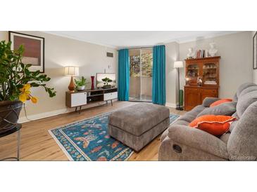 Inviting living room featuring a comfortable couch, stylish rug, and bright natural light from the sliding glass door at 601 W 11Th Ave # 409, Denver, CO 80204