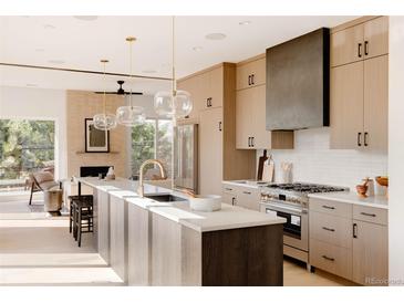 Bright, modern kitchen featuring a large island with white countertops and stainless steel appliances at 16133 W 14Th Ave, Golden, CO 80401