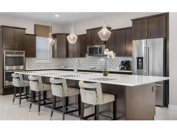 Modern kitchen boasts dark cabinets, a large island with bar stools, and stainless steel appliances at 11193 Mission Walk St, Parker, CO 80134