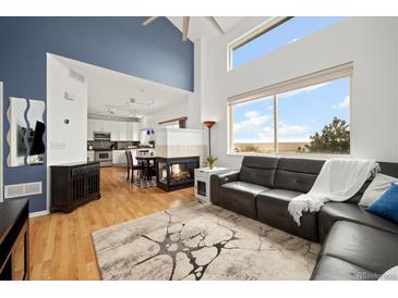 Bright living room with a modern fireplace, hardwood floors, and views of the surrounding landscape at 11980 Swansea Dr, Parker, CO 80134