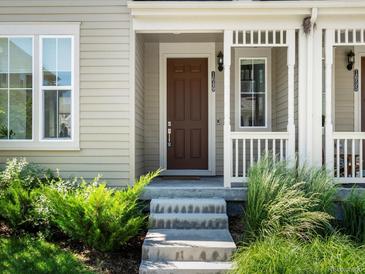 Inviting front entrance with a brown door, white trim, and well-maintained landscaping at 1649 Marquette Aly, Erie, CO 80516
