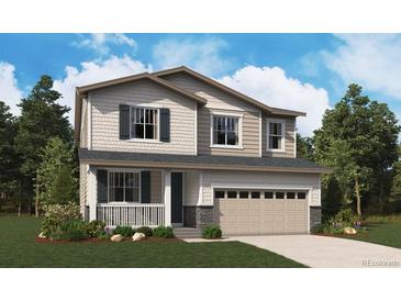 Charming two-story home featuring a covered porch, attached two-car garage, and professionally landscaped yard at 45921 Wood Thrush Ave, Bennett, CO 80102