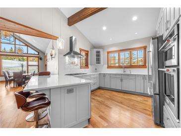 Modern kitchen features a center island, white cabinets, stainless steel appliances, and hardwood floors at 19 South Rd, Breckenridge, CO 80424