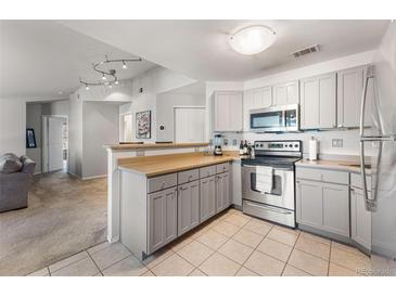 Bright kitchen featuring modern appliances, light gray cabinetry, and tiled flooring at 8671 E Dry Creek Rd # 721, Englewood, CO 80112