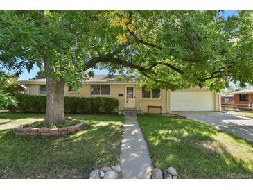 Ranch style home with mature trees and a well-manicured lawn at 6642 S Bridger Ct, Centennial, CO 80121