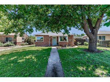 Charming brick home with a well-maintained front yard and mature shade tree at 3550 Magnolia St, Denver, CO 80207