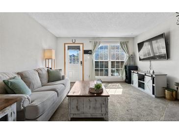 Bright living room showcases a large window, flatscreen television and comfortable seating, perfect for relaxation at 10715 Foxwood Ct, Parker, CO 80138