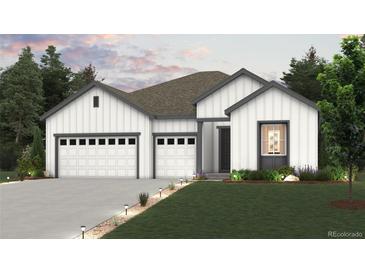 New construction with 3-car garage, board and batten siding and grey trim accents at 10735 Hanging Lake Pl, Parker, CO 80138