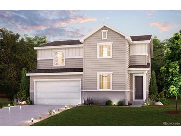 Charming two-story home with a white garage door, gray siding, and a well-manicured lawn at 14412 Heritage Dr, Mead, CO 80504