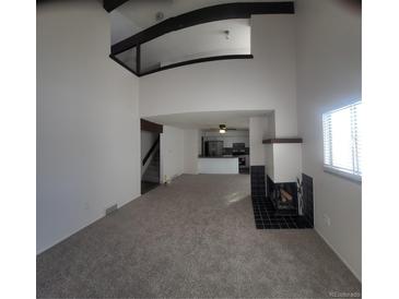 Spacious living room featuring a fireplace and an open floor plan that flows into the kitchen at 230 S 22Nd Ave, Brighton, CO 80601