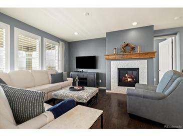 Bright living room features a fireplace and comfortable seating at 7800 E 148Th Dr, Thornton, CO 80602