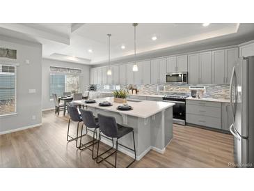 Bright, open kitchen featuring a spacious island, modern gray cabinets, and stainless steel appliances at 5108 N Quatar St, Aurora, CO 80019