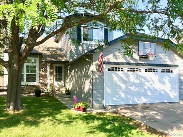 Charming two-story home features a two-car garage, well-manicured lawn, and a welcoming front entrance at 6462 Freeport Dr, Highlands Ranch, CO 80130