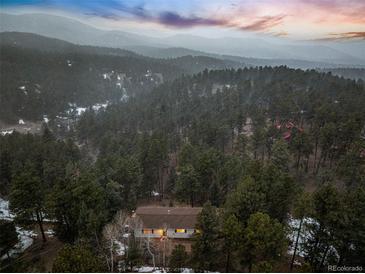 Scenic aerial view of a home nestled among lush evergreen trees with mountains in the background at 28254 Tresine Dr, Evergreen, CO 80439
