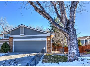 Exterior of charming home with gray siding, brick accents, and mature tree at 7620 E Gunnison Pl, Denver, CO 80231