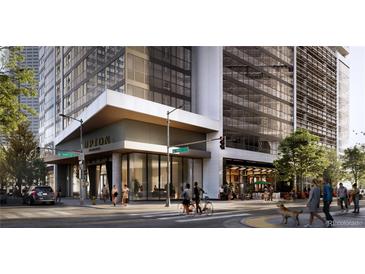 Upscale building exterior featuring modern architectural design, prominent signage, and a vibrant streetscape at 525 18Th St # 1102, Denver, CO 80202