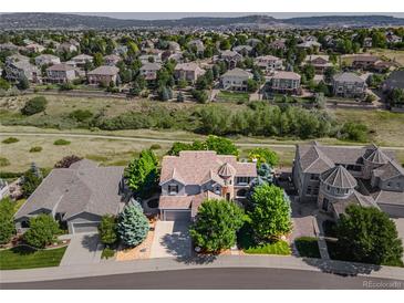 Wide aerial view showcasing the roofline of the home with mature landscaping and neighborhood at 2980 Craig Ct, Castle Rock, CO 80109