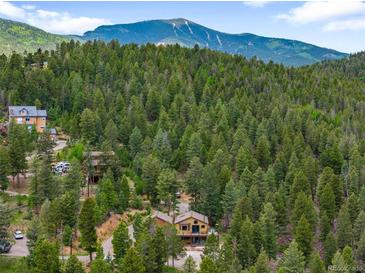 Beautiful mountain home nestled among the trees with a view of the mountains in the background at 10090 Blue Sky Trl, Conifer, CO 80433