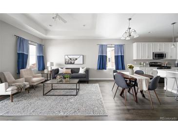Open-concept living room with stylish furniture, a modern rug, and an adjacent kitchen and dining area at 10786 Bear Cub Dr, Broomfield, CO 80021