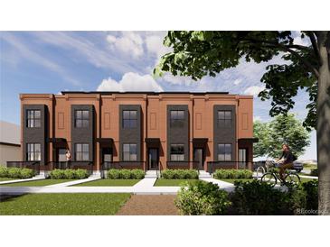 Modern brick townhomes feature black accents, small front yards and sidewalks in a neighborhood setting at 115 W 2Nd Ave # 101, Denver, CO 80223