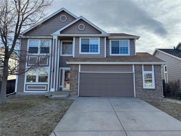 Two-story house with gray siding, a large driveway, and landscaping at 560 Hampstead Ave, Castle Rock, CO 80104