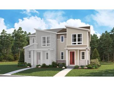 New construction home with modern design elements and covered front porch, nestled among mature trees at 1368 Penner Dr, Erie, CO 80026