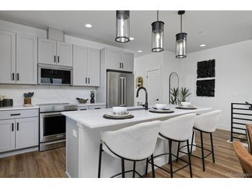 Modern kitchen features stainless steel appliances, gray cabinetry, pendant lighting, and a center island with barstool seating at 10864 Lyric St, Lone Tree, CO 80134
