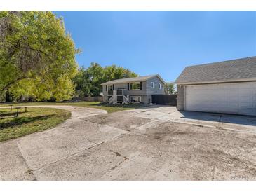 Ranch style home with a large driveway and mature tree in the front yard at 18128 Sage Brush Way, Brighton, CO 80603