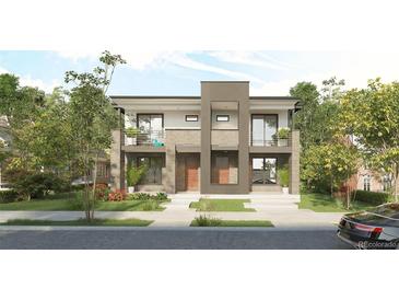 Modern two-story home with a symmetrical facade, small balconies, and professionally landscaped front yard at 2145 High St, Denver, CO 80205