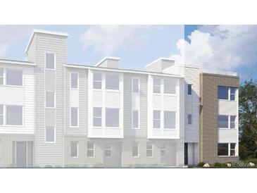 Rendering of a modern three-story townhome with mixed materials facade and large windows at 14225 Currant St, Broomfield, CO 80020