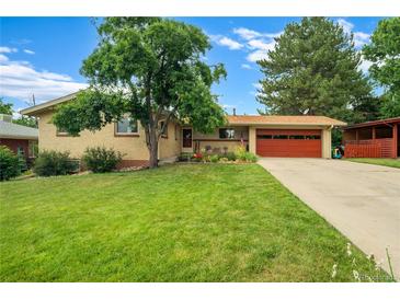 Charming brick home features a well-manicured lawn, mature trees, and a two-car garage with a red door at 1705 Lewis St, Lakewood, CO 80215