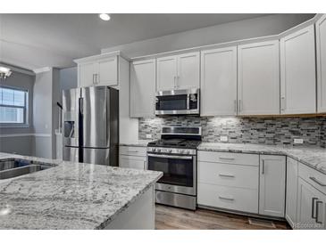 Modern kitchen features stainless steel appliances and granite countertops at 8668 E 54Th Pl, Denver, CO 80238