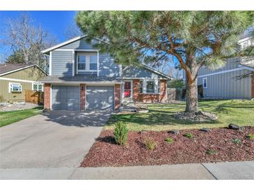 Charming two-story home with gray siding, brick accents, a mature tree, and a well-manicured lawn at 7877 S Ulster St, Centennial, CO 80112