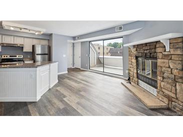 Living room features a stone fireplace and a sliding glass door to the outdoor patio at 5250 S Huron Way # 1-204, Littleton, CO 80120