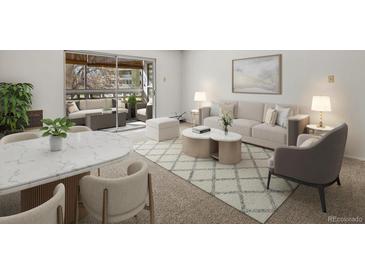 Bright living room featuring neutral tones, modern furniture and a sliding door to a balcony at 9385 E Center Ave # 1B, Denver, CO 80247