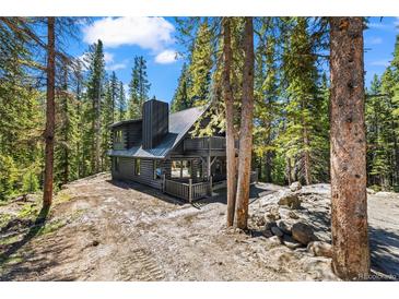 Beautiful log cabin with metal roof and porch nestled among tall pine trees on a sunny day at 46 Silver Creek Rd, Idaho Springs, CO 80452