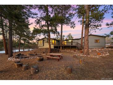 Inviting backyard space with fire pit, stump seating, and picnic table, perfect for outdoor gatherings at 2859 Cagle Dr, Larkspur, CO 80118