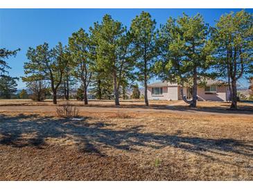 Charming ranch-style home with a large front yard and mature trees at 2619 Mountain View Ave, Franktown, CO 80116