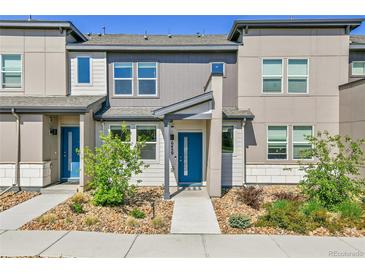 Modern townhome with a blue front door, landscaped yard, and neutral colored exterior at 6459 N Dunkirk St, Denver, CO 80249
