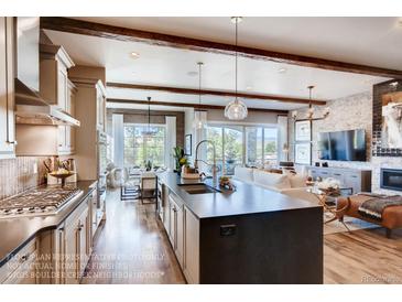 Open-concept kitchen featuring a large island, modern appliances, and seamless flow to the adjacent living area at 14115 Blue Stem St, Broomfield, CO 80020