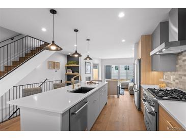 Modern kitchen featuring a large island, stainless steel appliances, and an open floor plan to the living area at 2538 S Acoma St, Denver, CO 80223