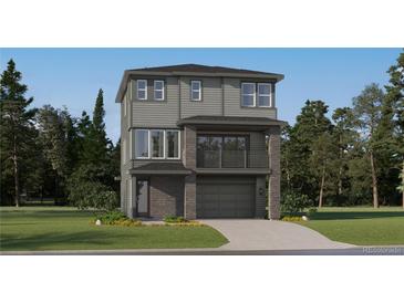 New construction home with grey horizontal siding, stone accents, balcony, 2-car garage and well manicured front lawn at 7728 S Cherokee Trl, Centennial, CO 80016