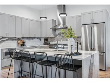 Modern kitchen with stainless steel appliances and large island at 838 Ash St # 1, Denver, CO 80220