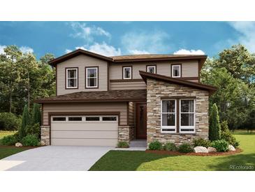 Charming two-story home featuring a stone facade, attached garage, and a beautifully landscaped front yard at 7015 E 126Th Dr, Thornton, CO 80602