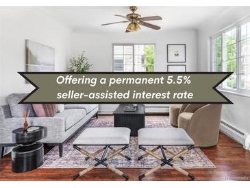 Elegant living room featuring modern furniture, hardwood floors and a ceiling fan at 2895 S Sherman St, Englewood, CO 80113