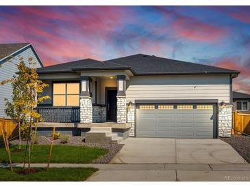 Charming single-story home with a well-manicured lawn and attached two-car garage at 17305 E 91St Pl, Commerce City, CO 80022