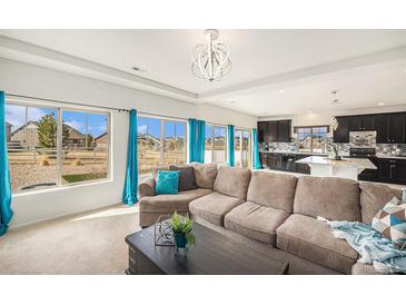 Open-concept living room with large windows, blue curtains, and view to the kitchen at 5325 Ventura St, Denver, CO 80249